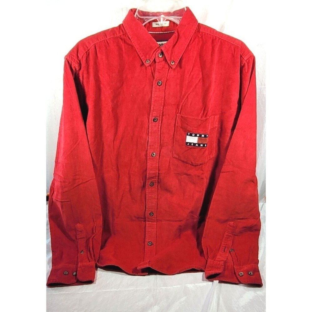 Tommy Hilfiger Jeans Red Corduroy Long Sleeve Button Down Shirt w/ Logo - Sz XL